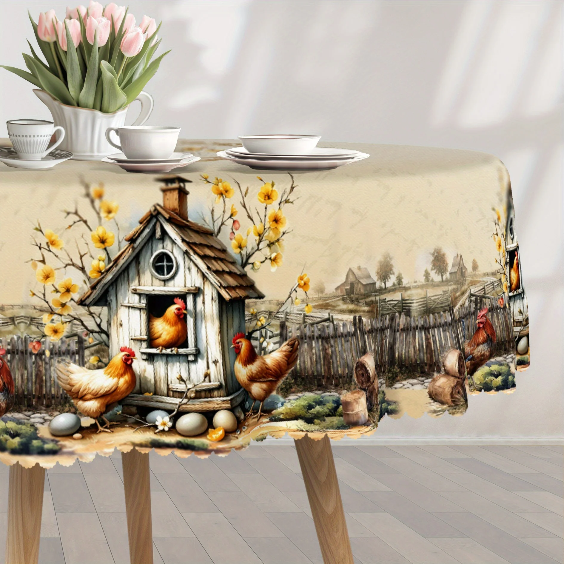 Country style tablecloth, featuring chicken coop, hens and roosters patterns.zyc