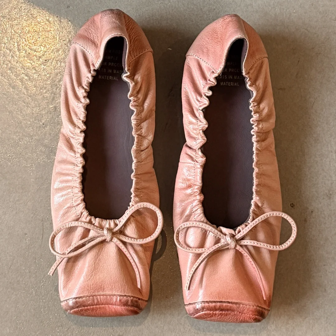 

2026 spring new women's cow leather square toe sweet bowtie slip-on ballet flats high quality pleated ballerinas casual shoes 40