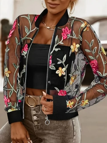 Chaqueta de manga larga con cuello de béisbol bordado floral para mujer Top con cremallera