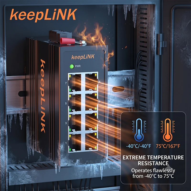 KeepLiNK 8-Port Industrial Fast Ethernet Switch 10/100M Unmanaged DIN-Rail IP40 -40~75℃