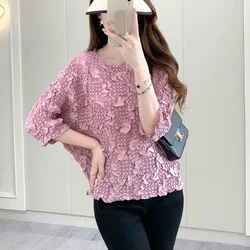 Miyake Temperament Pleated Top for Women's 2025 Summer New Embroidered Design High-quality Short Sleeved T-shirt