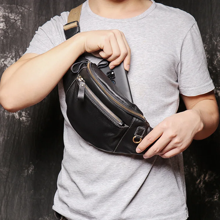 Men's leather chest bag multi-function women's waist bag casual fashion soft leather shoulder messenger bag