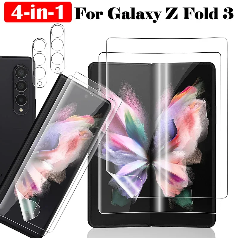 4 In 1 Soft Screen Protector for Samsung Z Fold 3 Front Back Hydrogel Film Tempered Glass Camera Lens Film for Galaxy Z Fold3 5G