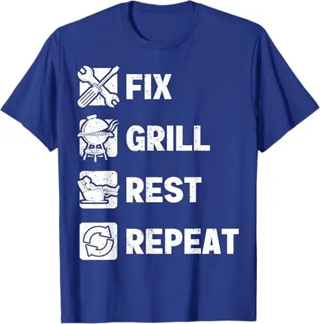 Mens Funny Dad Fix Grill Rest Repeat Mens Gifts Fathers Day Dad T-Shirt Novelty Gift Y2k Life Mechanic BBQ Dad Routine Tee Tops
