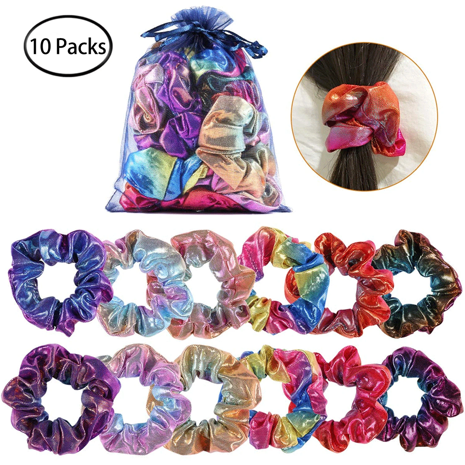 Scrunchies metálicos brilhantes para mulheres e meninas, sereia elásticos, bandas de cabelo, suporte rabo de cavalo crocante, acessórios, 10PCs