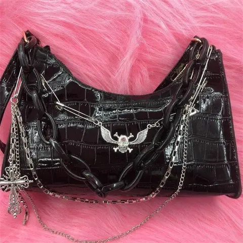 Crocodile Pattern Handbag Y2k Cross Skull Shoulder Bag Hot Girl Chain Summer Subculture Dark Punk Underarm Bag