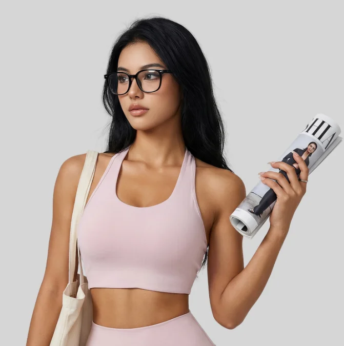 Women Summer Twist Halter Tank Top High Stretch Fixed Cup Beauty Back Sports Bra for Yoga Gym Running Workout Fitness