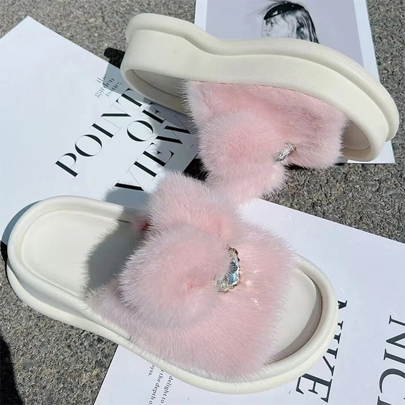 2023 European Station Luxury Mink Hair New Women's Slippers Exquisite Rhinestone Decoration Home Comfort Stylish Soft-soled Shoe