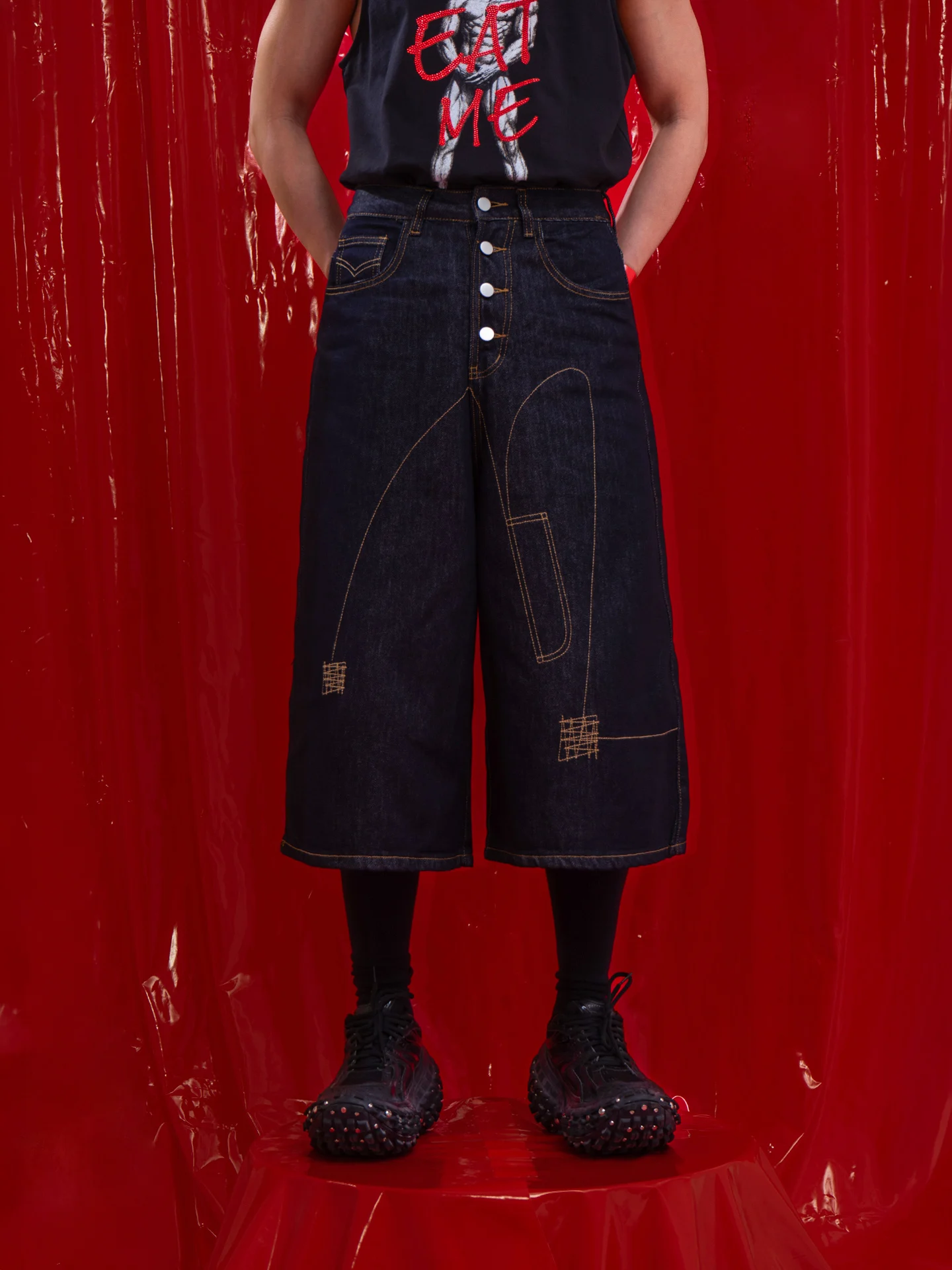 

Retro Blue Button Placket Seven-Foot Loose Straight Leg Men's Jeans Casual Mid-Calf Workwear Shorts Straight Tube Jeans