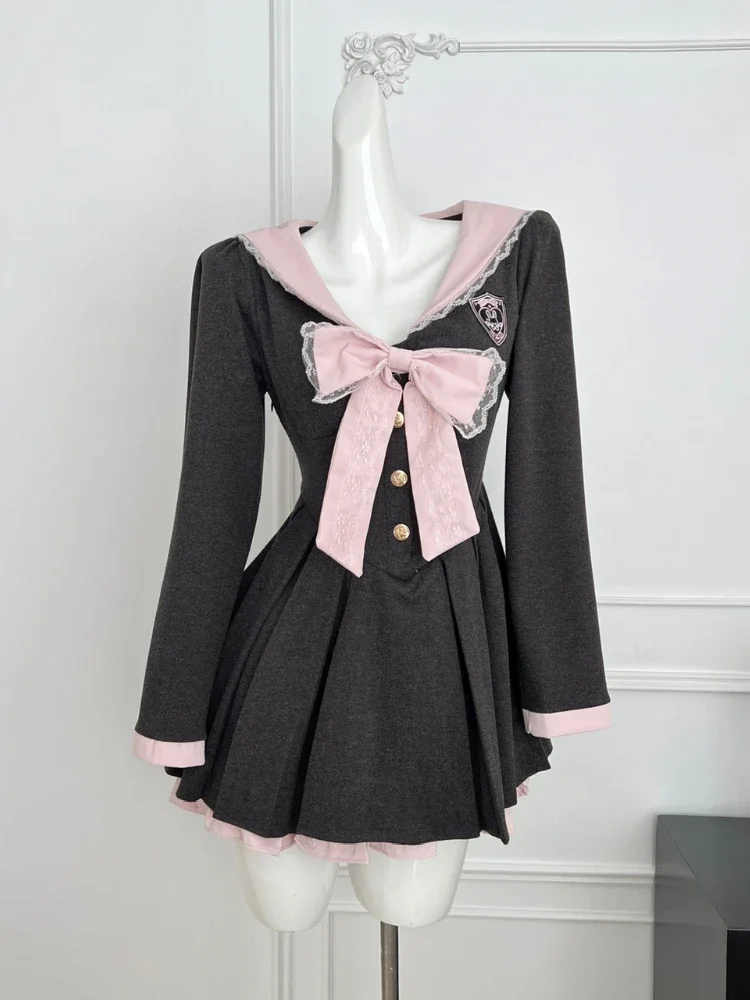 2025 Women College Preppy Mini Sailor Collar Dress Korean Shoujo Girl Frock Long Sleeve One-Piece 2000s Sweet Japanese Y2k Bow