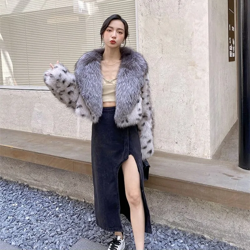 Winter Warm Open Stitch Loose Plush Jacket Women Faux Fox Fur Black White Dot Leopard Coat Ladies Thick Short Big Neck Overcoat