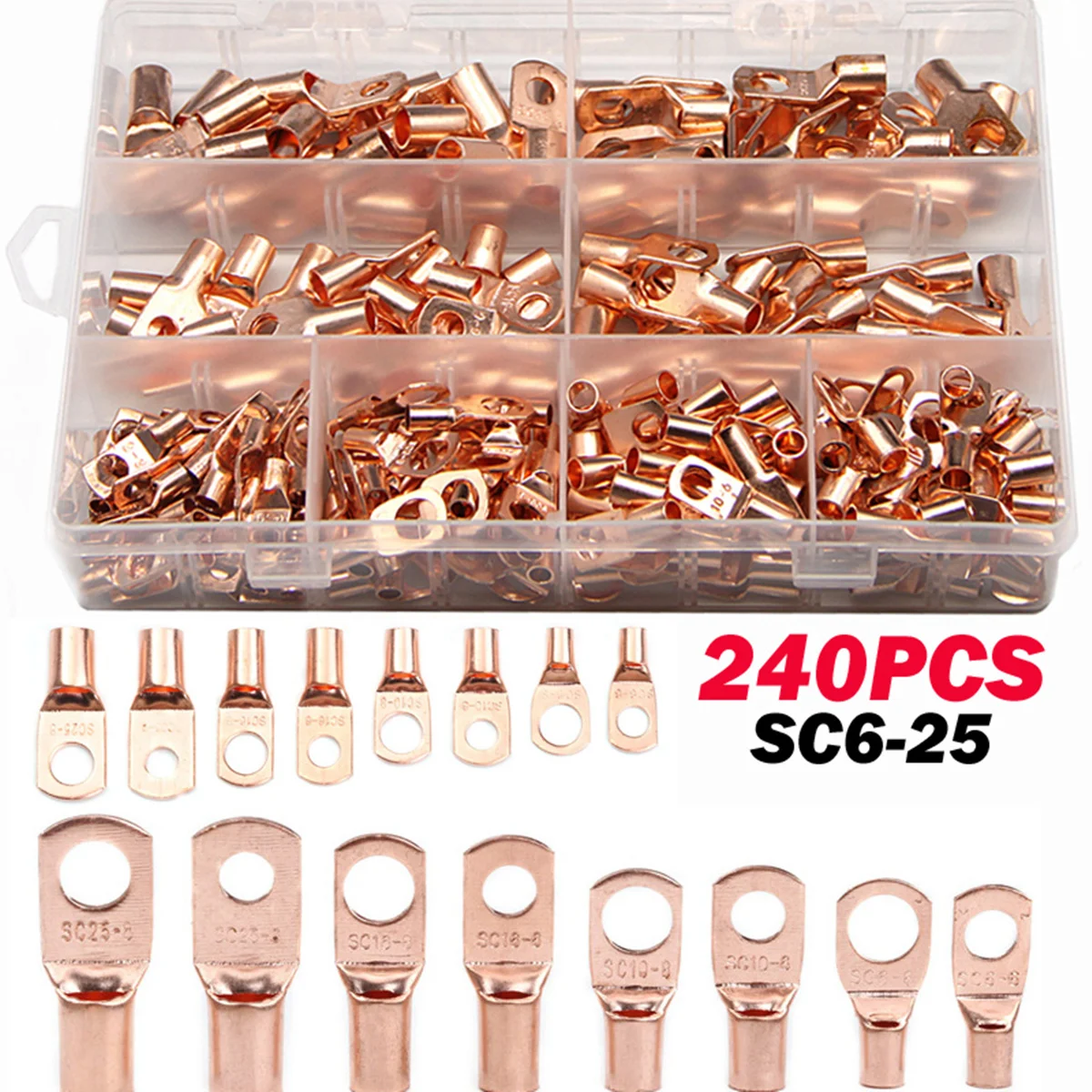 

60/100/240PCS SC Bare Terminals Lug Copper Tube Lug Ring Seal Battery Wire Connectors Bare Cable Crimped/Soldered Terminal Kit