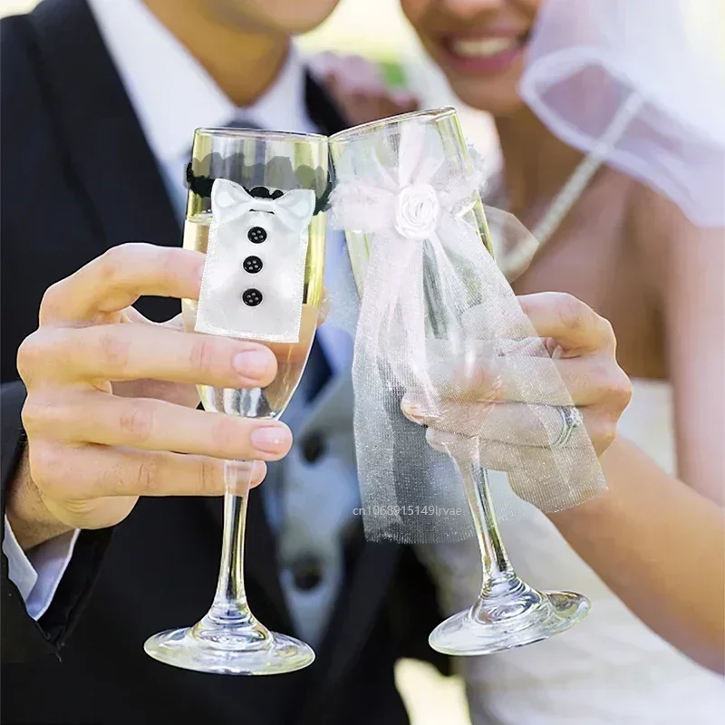 2Pcs Marriage Bride And Groom Wine Cups Wraps Champagne Glass Bottles Cover Wedding Table Decoration Bachelorette Party Supplies