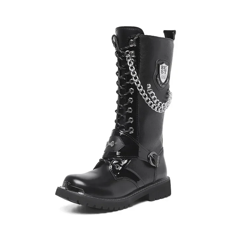 Men\'s plus size Casual High Top Leather Boots Spring and Autumn Outdoor Motorcycle Boots comfort Chain collision avoidance Boots