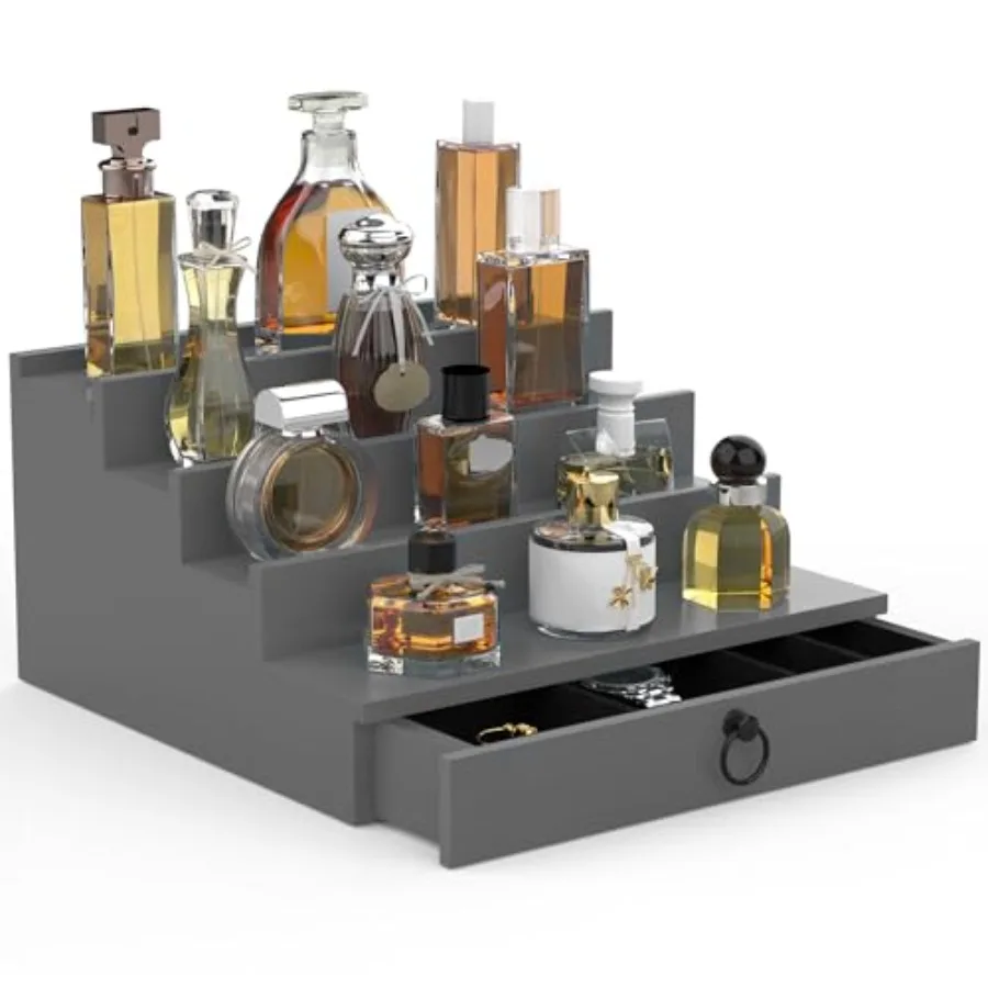 

Cologne Organizer for Men 4 Tier Wood Perfume Organizer with Felt Lining Drawer and Hidden Compartment Perfume Display Holder A