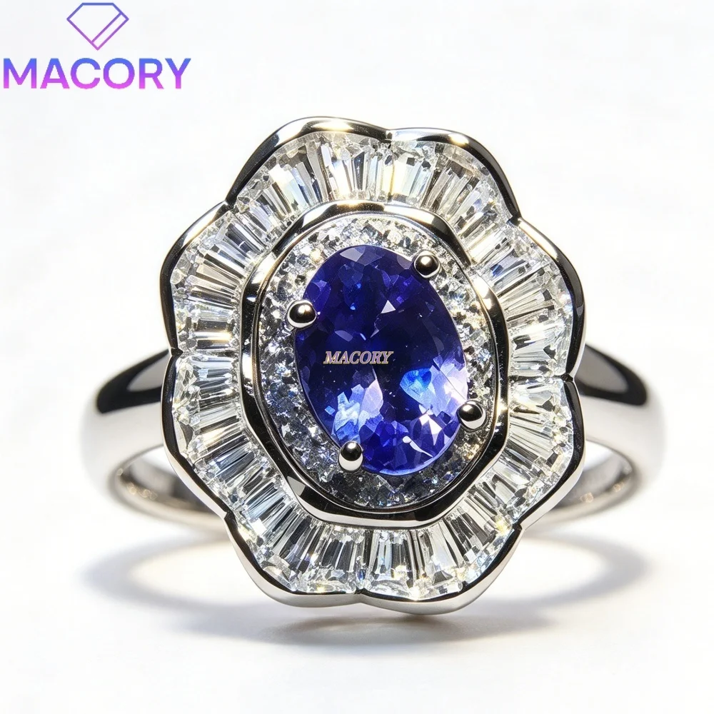 Natural Tanzanite Ring S925 Sterling Silver Luxury Women Statement Flower Halo Ring Party Anniversary Gift Wedding Birthday Gift