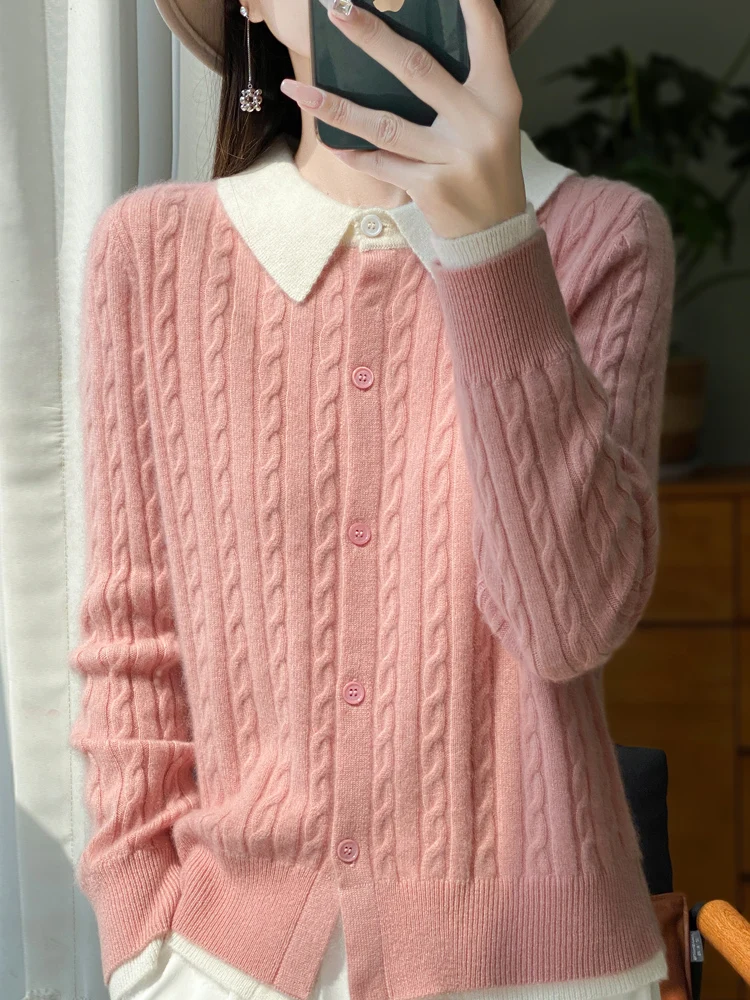 Daily Autumn Winter Sweater Women Cardigan 100% Merino Wool Sweater Cashmere Clothes Twist Flower Lapel Fake Two Pieces Knitwear