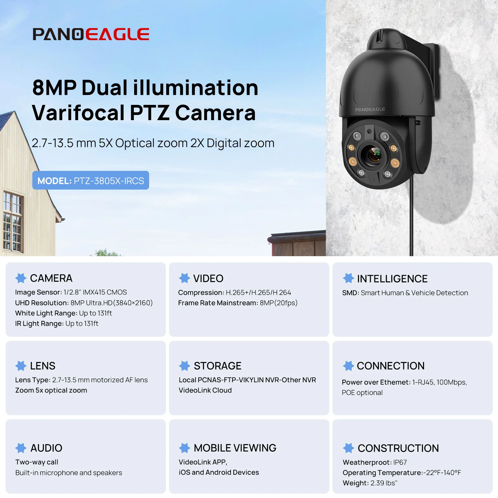 Compatible con Hikvision 5MP 8MP POE 4K cámara IP PTZ exterior Onvif 5X Zoom óptico hogar CCTV conversación bidireccional cámara domo de seguimiento automático