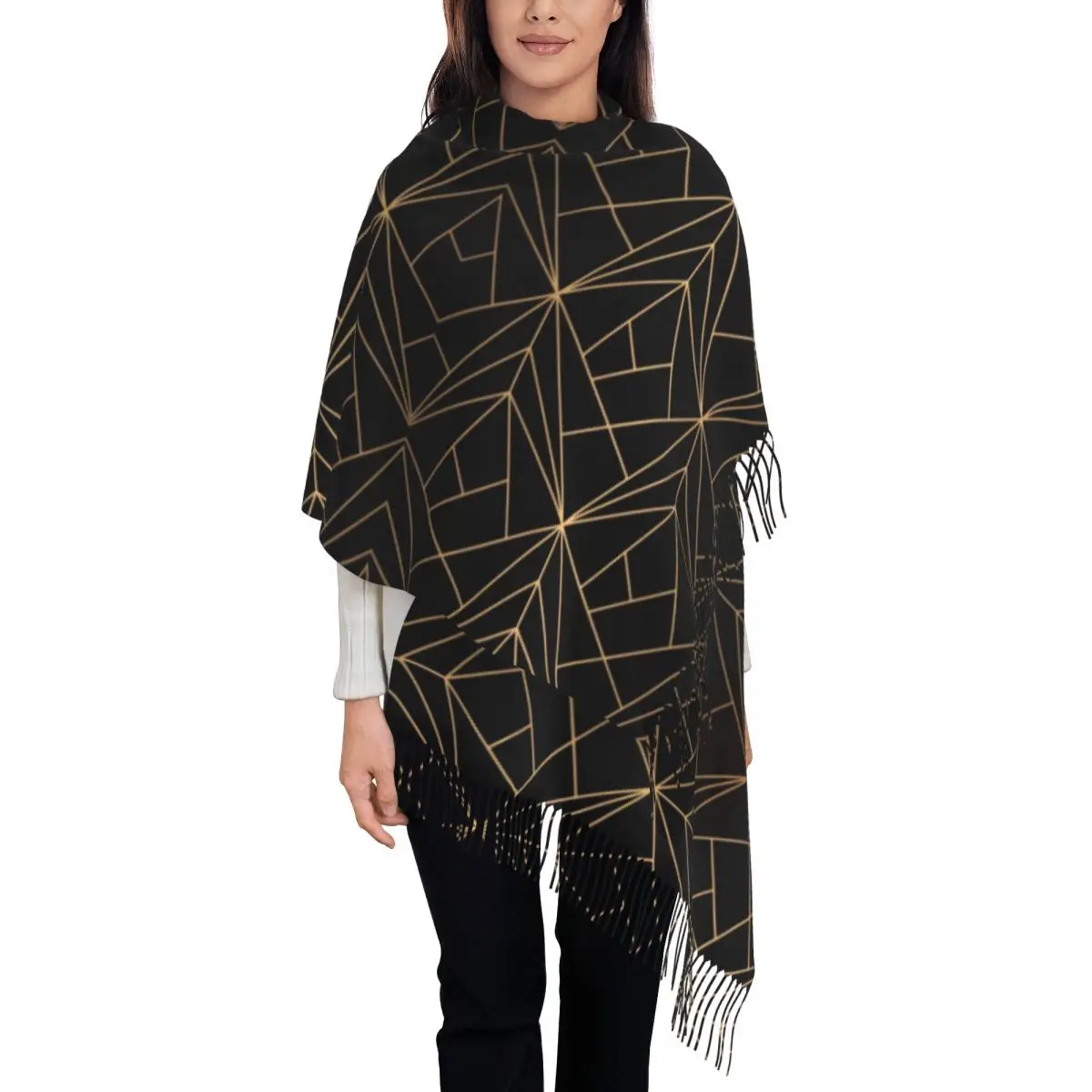 

Elegant Geometric Copper Black Abstract Pattern Scarf for Women Stylish Winter Fall Shawl Wraps Geometry Tassel Wraps