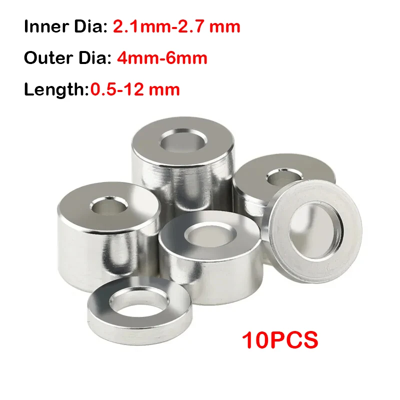 Junta de arandela de aluminio, espaciador hueco redondo sin rosca, espesor 0,5/1,2/1,5/2/3/3, 5/4/5/5, 5/6 ~ 12mm, 10 piezas, d2.1, d2.6, d2.7