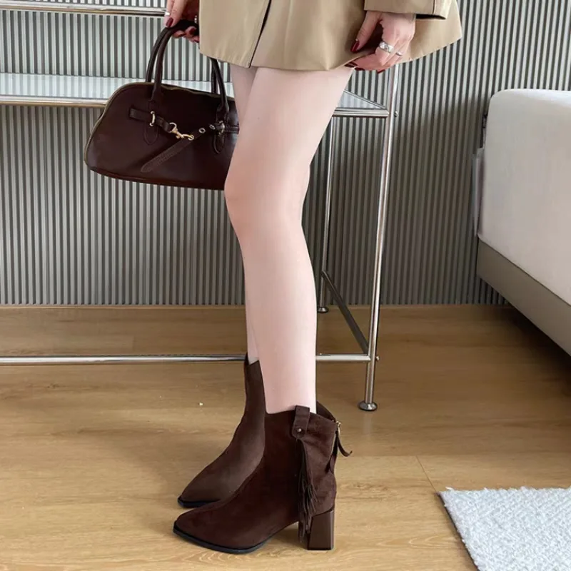 

Women High Boots Trend Retro Metal Buckle Pointed Toe Thick Heel Tassle Western Cowboy Boots Female Shoes Botas De Mujer 2024