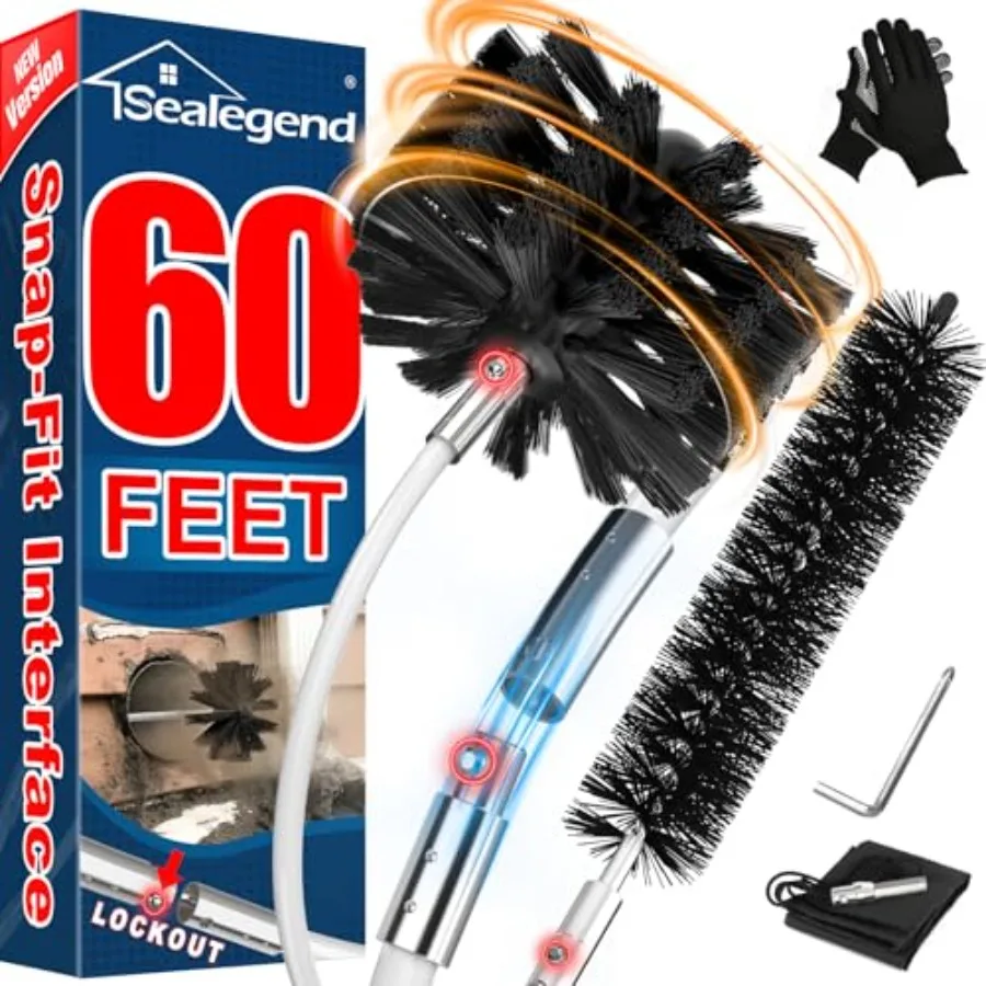 

60 Feet Dryer Vent Cleaner Kit/Lint Remover/2×Upgraded Flexible Quick-Snap Brush/Fireplace Chimney Brushes for Easy to Use/Work