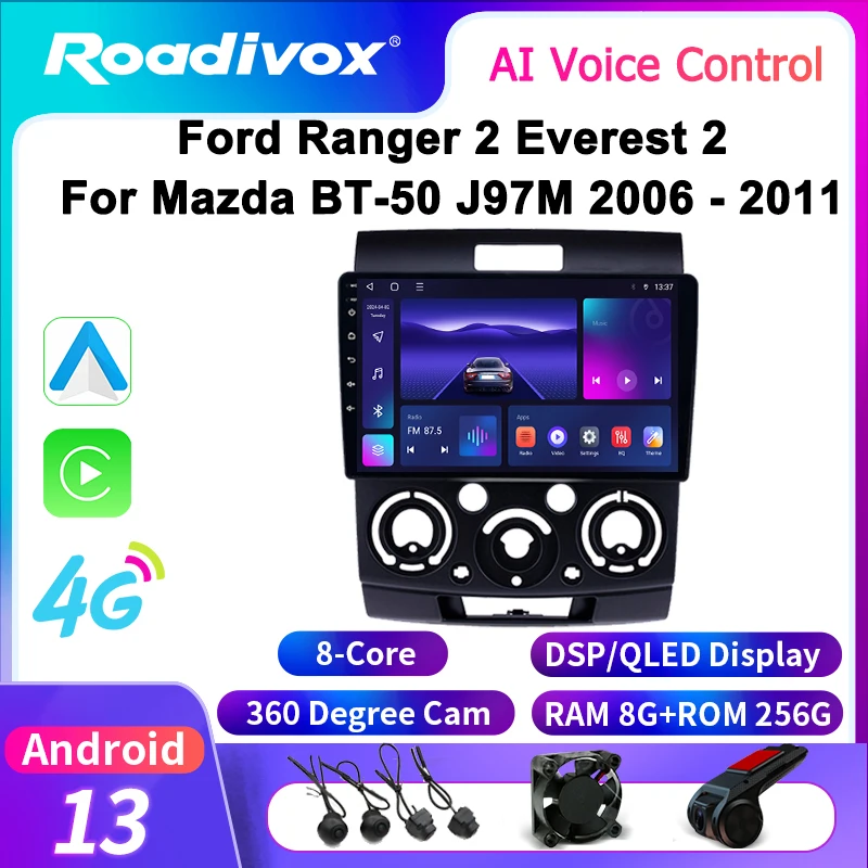 roadivox Android Car Radio for Ford Ranger 2 Everest 2 For Mazda BT-50 J97M 2006 - 2011 GPS Navigation Video Multimedia Player