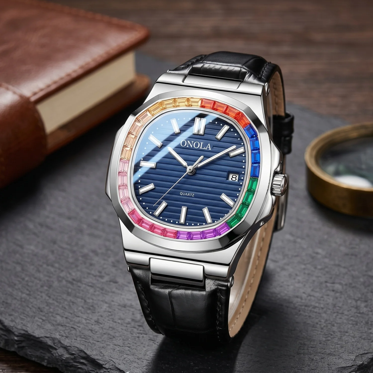 ONOLA men's quartz watch rainbow multicolor rhinestone bezel date window vertical stripe dial, suitable for daily party gifts