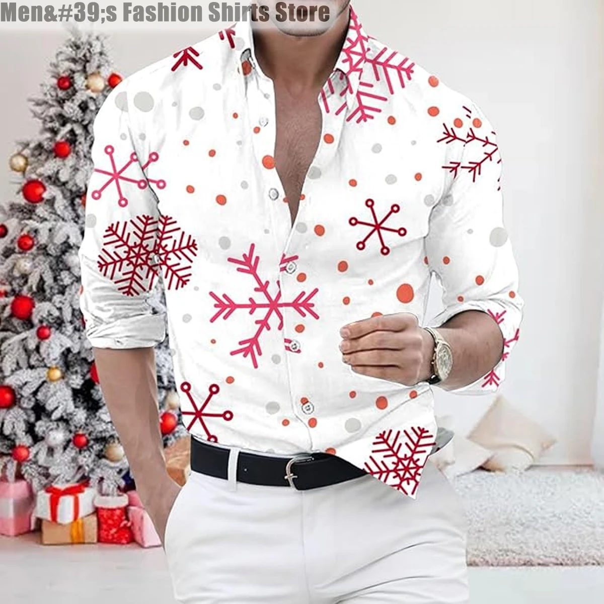 

Men's Lapel Long Sleeve Shirt 3D Printed Christmas Snowflake Reindeer Multicolor Shirt Loose Oversized XS-6XL Fast Shipping