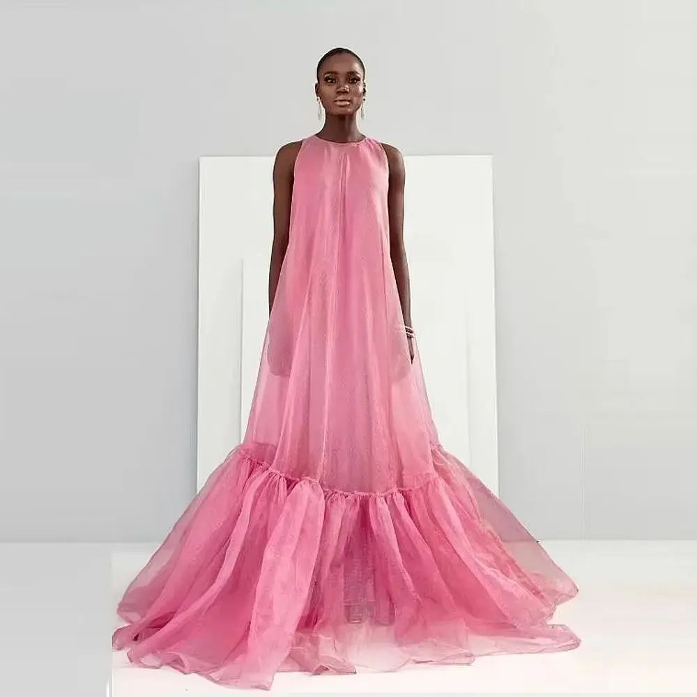 New Fashion Prom Pink Tulle Women Dress A line Long Evening Gown Sleeevless Maxi Dress Custom Made Gowns Ruffled Full Length