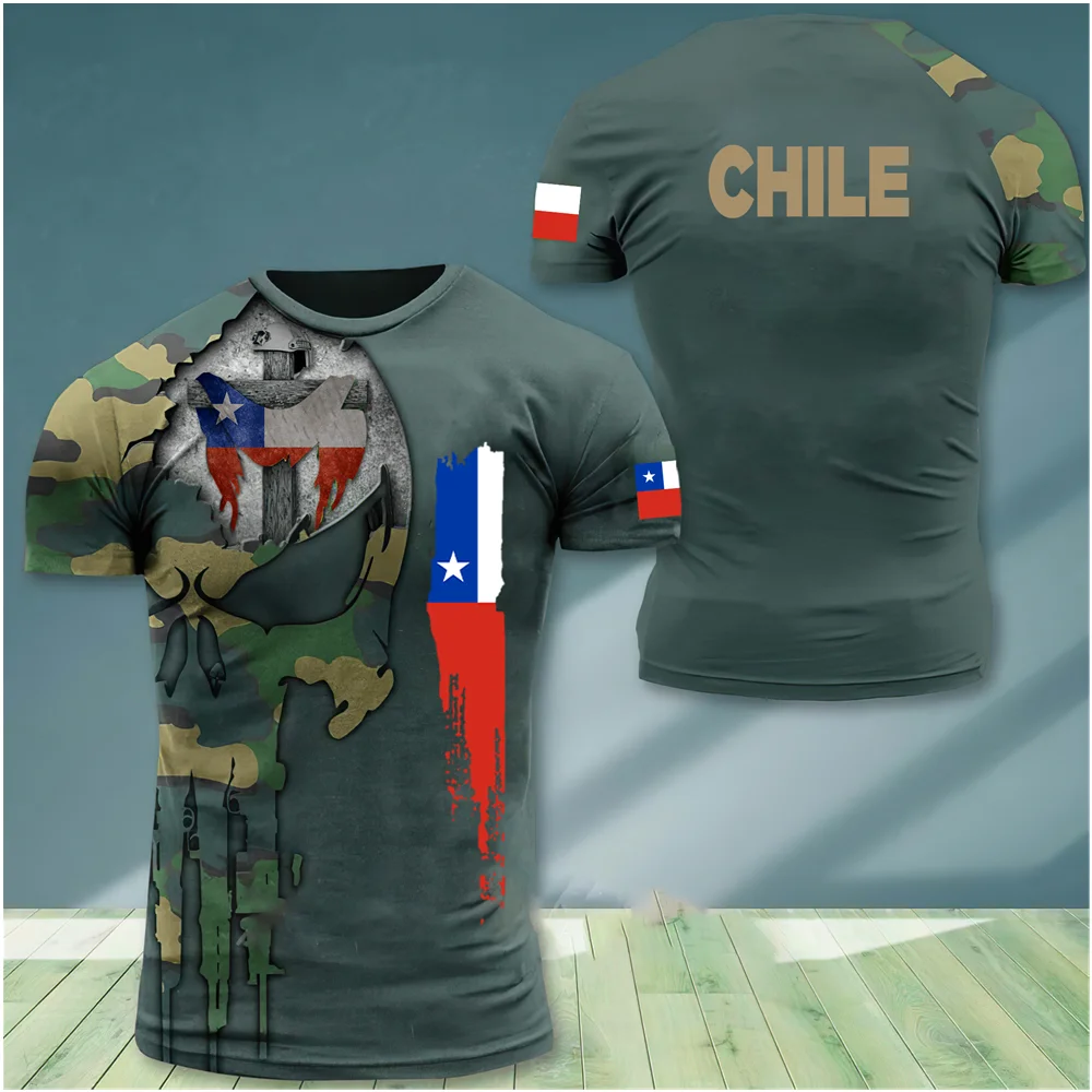 Vintage Chile T-Shirt 3D Print Chilean Flag Shirt O Neck Men\'s Veterans Short Sleeve Tees Oversized Streetwear Loose Camo Tops