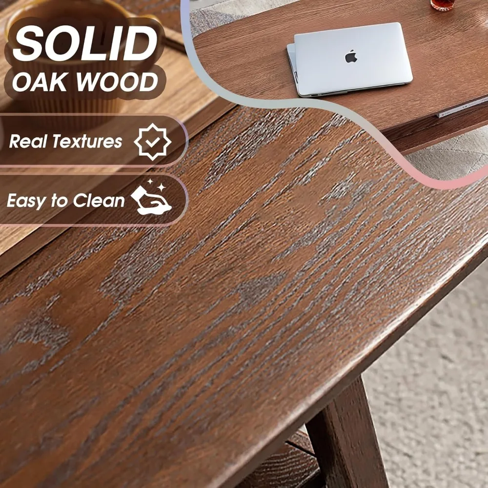 Rustic Farmhouse Style Oak Coffee Table with Storage and 2-Tier Shelf for Living Room