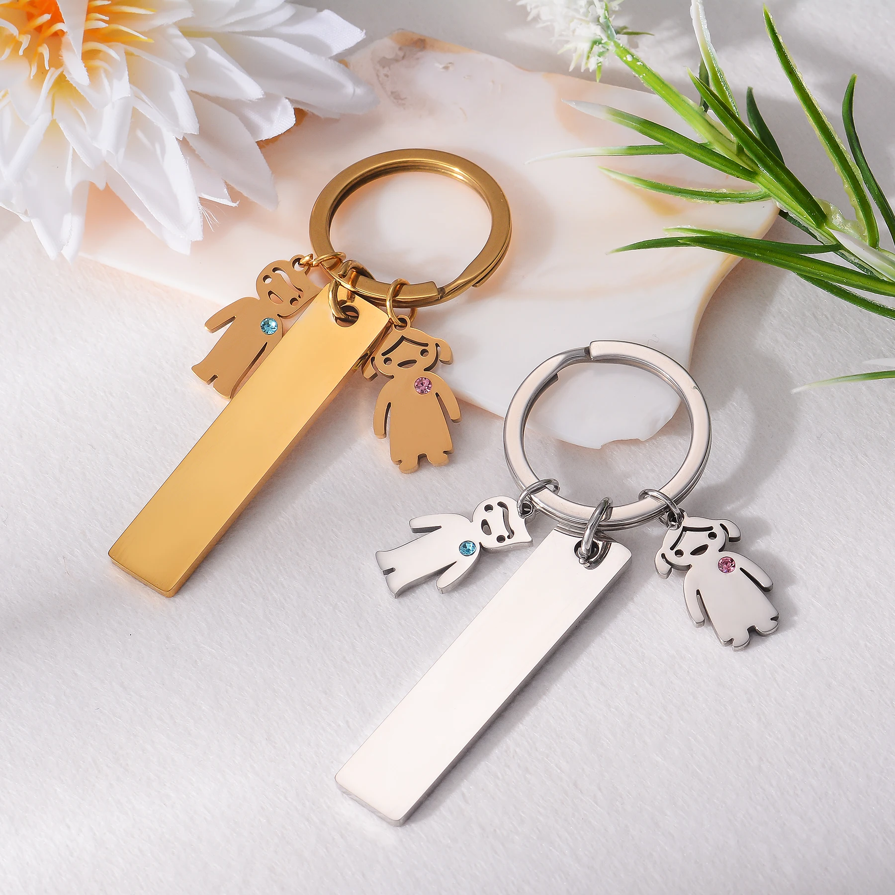 10pcs/lot Wholesale Stainless Steel Girl Boy Charm Keychain Mirror Polishing Heart Rectangle Keyring Jewelry Gift Waterproof