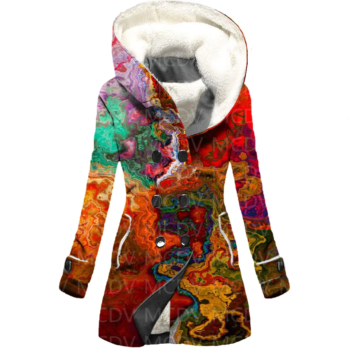 Retro Geometry 3D Printing Fleece Hooded Cloak Women Thick Warm Coat Women's Winter Warm Overcoat 01