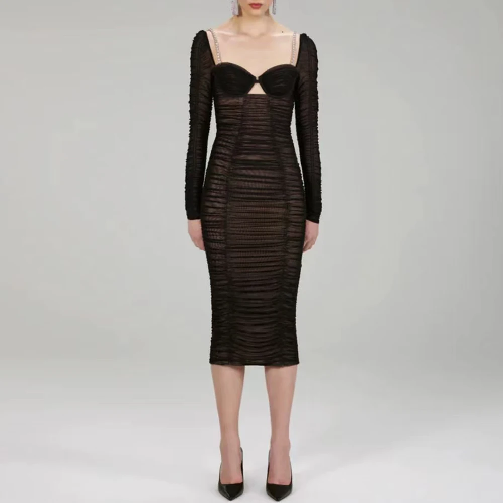 

2023 New Diamond Suspender Square Collar Women Long Sleeve Lace Sheath Midi Dress