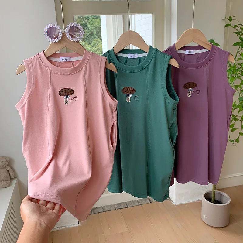 

Girls' Summer Sleeveless Dress with Cartoon Appliqué Embroidery, Loose Tank Dress, Children's Korean Style Casual Cotton DressTS