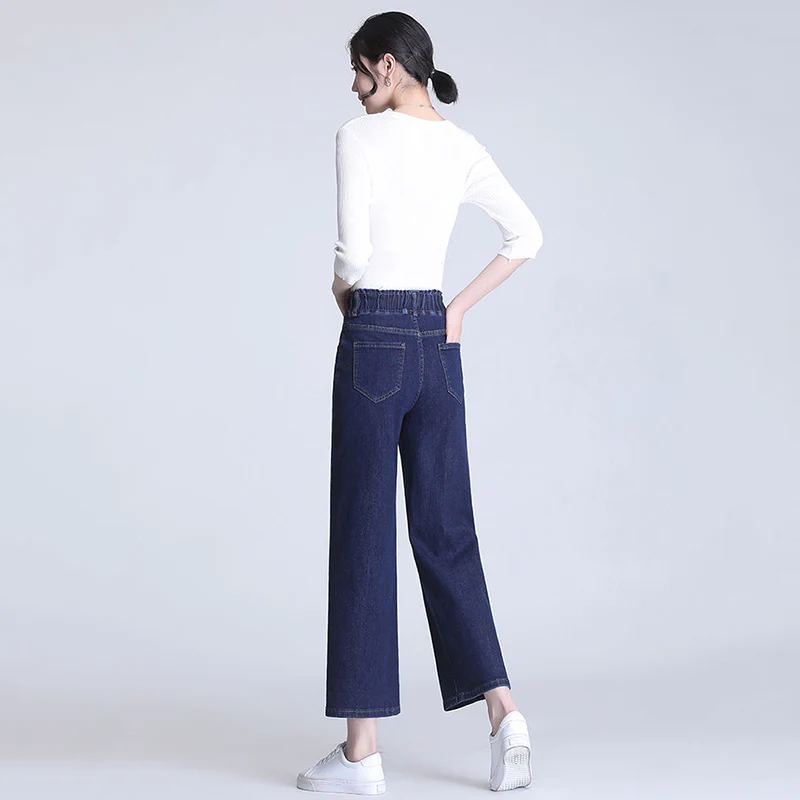 Spring Summer New Thin Denim Baggy Jeans Women Ankle Length Stretch High Waist Wide Legs Casual Nine Points Denim Pants