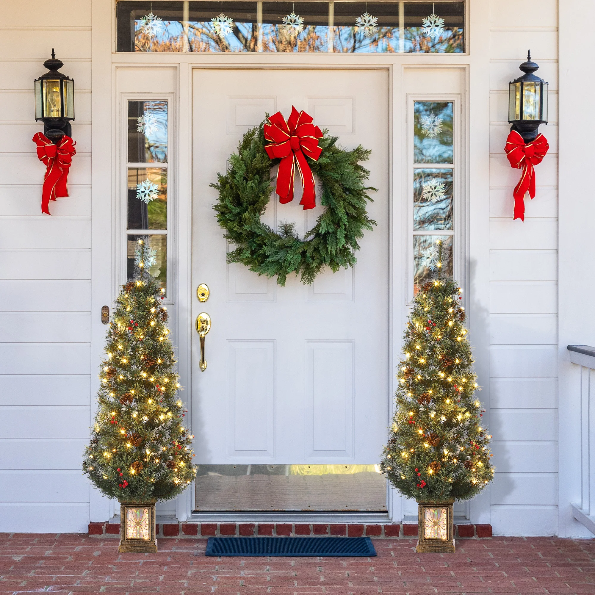 4.5ft Pre-Lit Christmas Tree, Artificial Holiday Christmas Tree, Potted Snow Flocked Xmas Tree with 200 Lights, Red Berry Clusters and Light Box for Home Office Decoration
