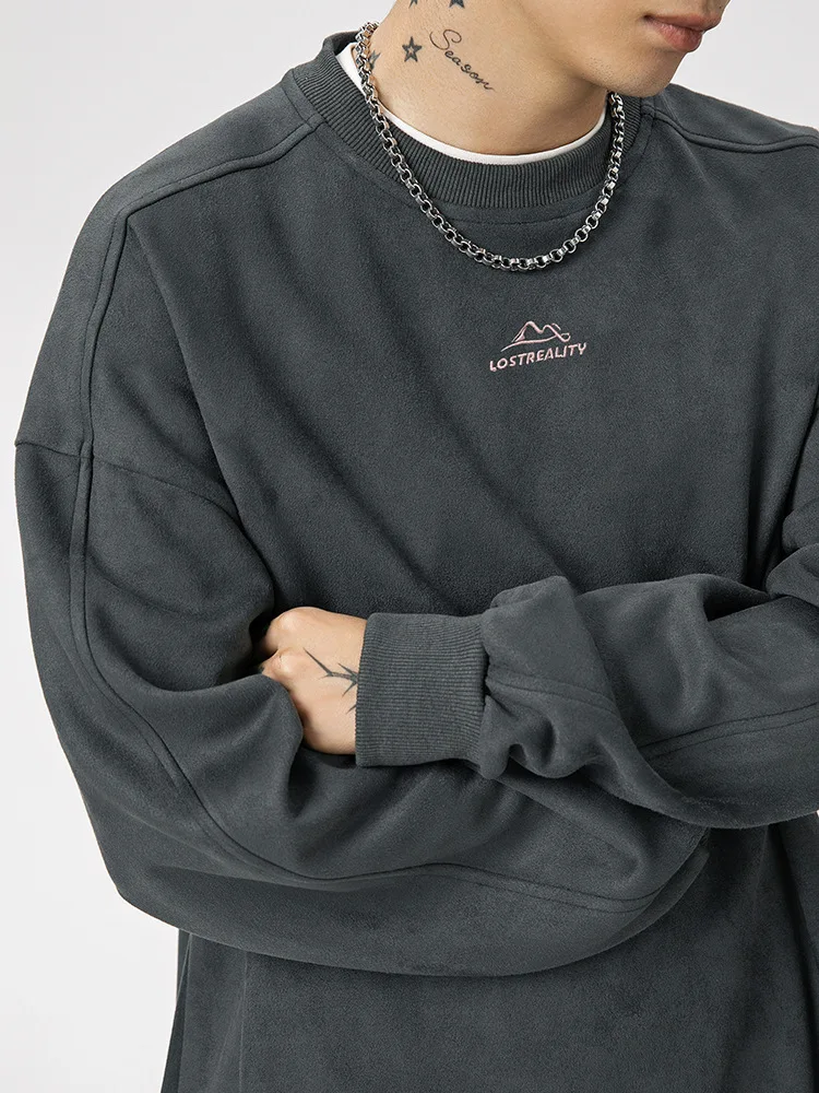 

High Quality Trend Suede Alphabet Embroidery Crew Neck Sweatshirt Men Autumn New Streetwear American Couple Loose Top Jacket