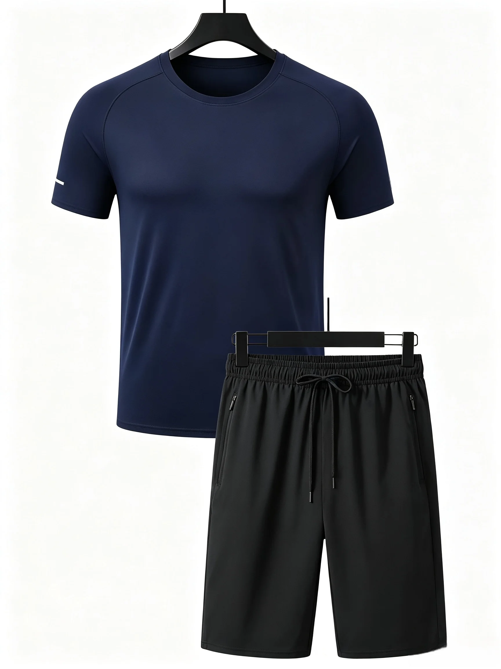 Summer Men's Sports Suit Quick-drying Breathable Short-sleeved Drawstring Zipper Pocket Shorts Sports Fitness Two-piece Set