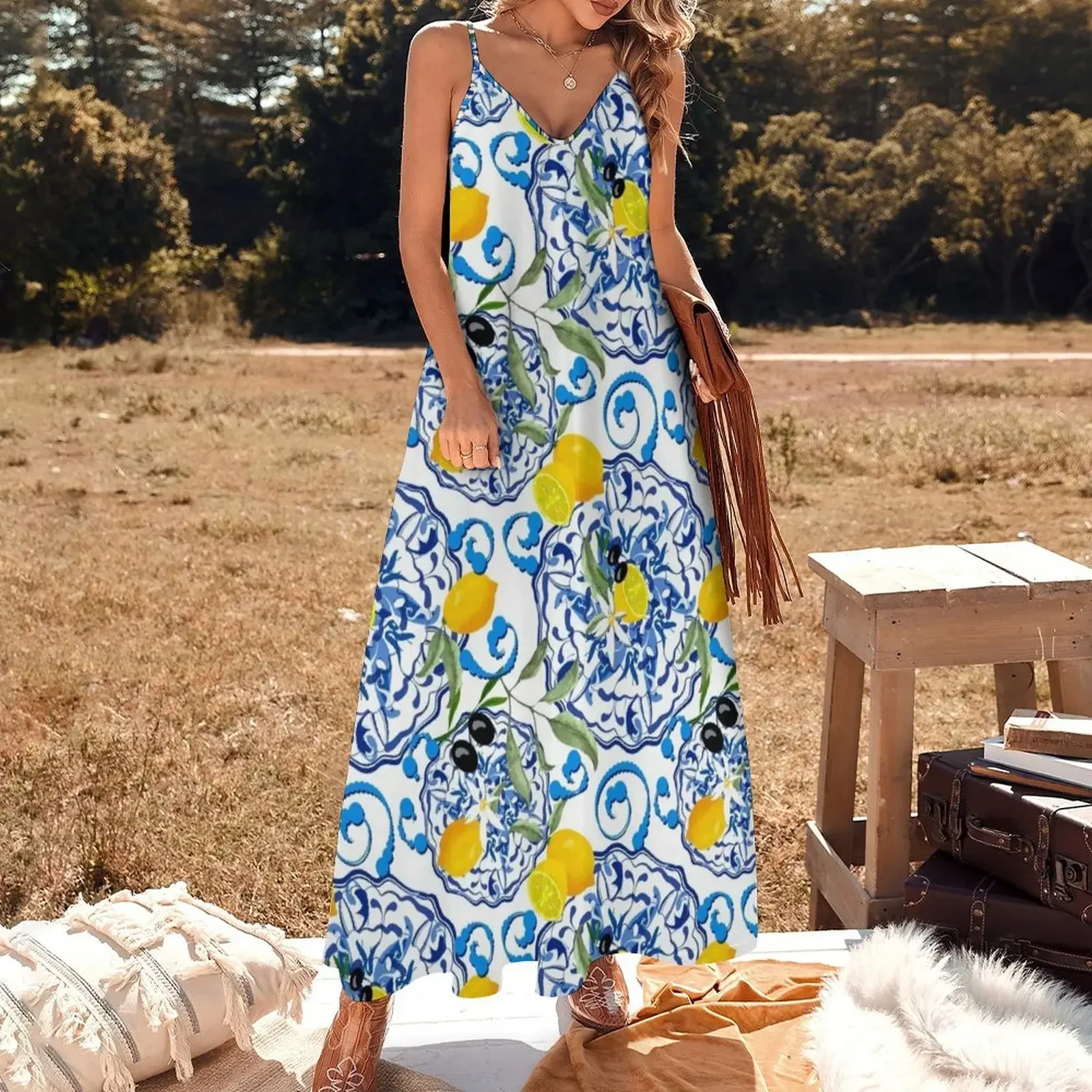 Summer,citrus,mosaic background ,Mediterranean style,lemon fruit pattern Sleeveless Dress elegant dresses for women Dress