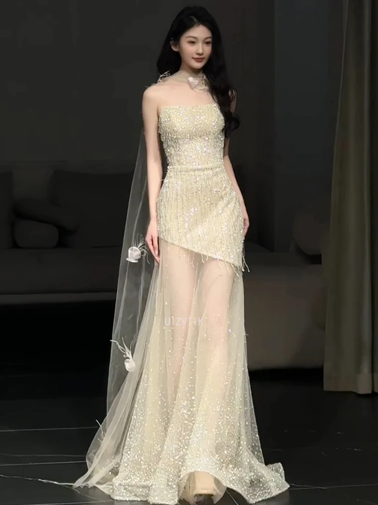 Robe de soirée sirène de luxe pour femmes, Sexy, maille scintillante, couture, paillettes, sans bretelles, robes de bal pour occasions spéciales