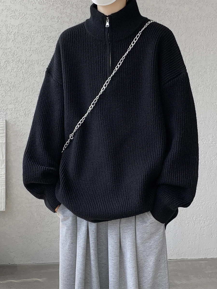 2025 Autumn Winter Commuting Style Gray Half-Zip Simple Sweater Men's Loose Stand Collar Black White Knitted Cardigan