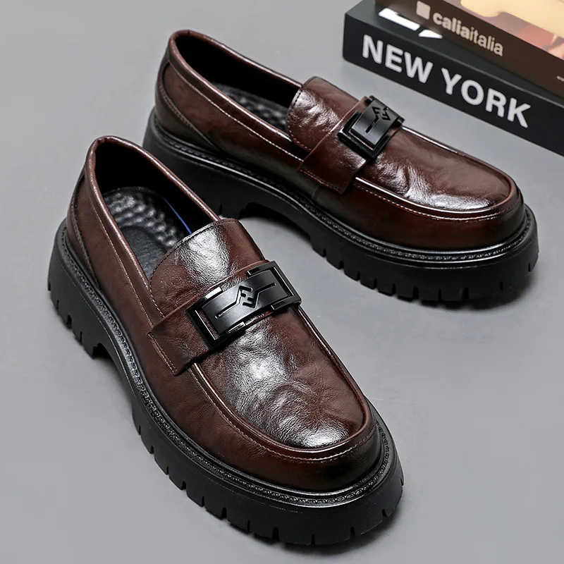 

Men's Thi Bot Platform Slip-On Loers Metal Bule Casual oes Spring Summer PU Leather Rubber Sole Flat Heel oes