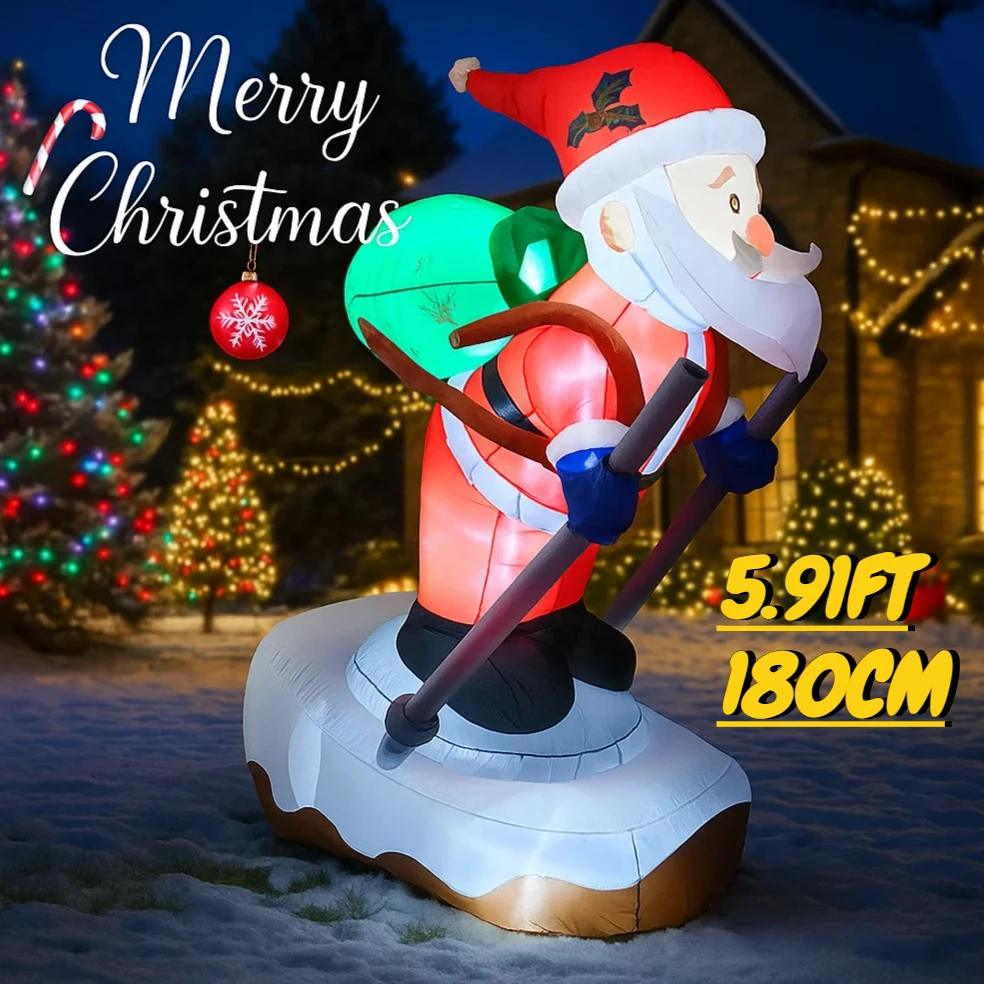 5.91FT Inflatable Toy Santa Snowboard with LED Light Christmas Decorations for Yard Xmas Supplies Home Ornaments Festive Gift