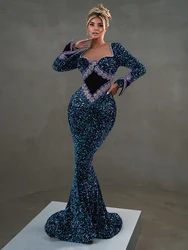 VC Hand Craft Pearls Diamond Flowers Mermaid Long Dress Rhinestones Square Collar Long Sleeves Colour Block Party Evening Gown