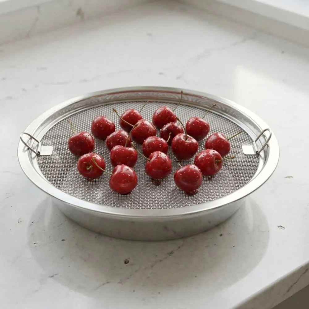 Bandeja de drenaje de aceite de acero inoxidable de malla fina con asa de doble oreja, a prueba de óxido, redonda con filtro de aceite y redecilla, plato para servir aperitivos