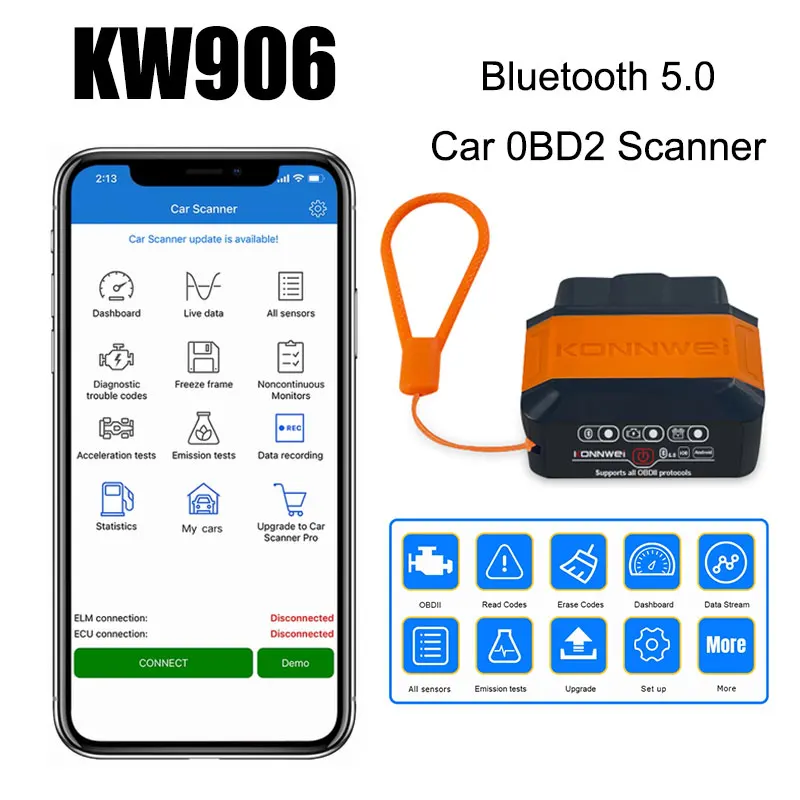 Автомобильный диагностический сканер Konnwei KW906, Bluetooth 5,0, ELM327 V1.5 OBD2, считыватель кодов