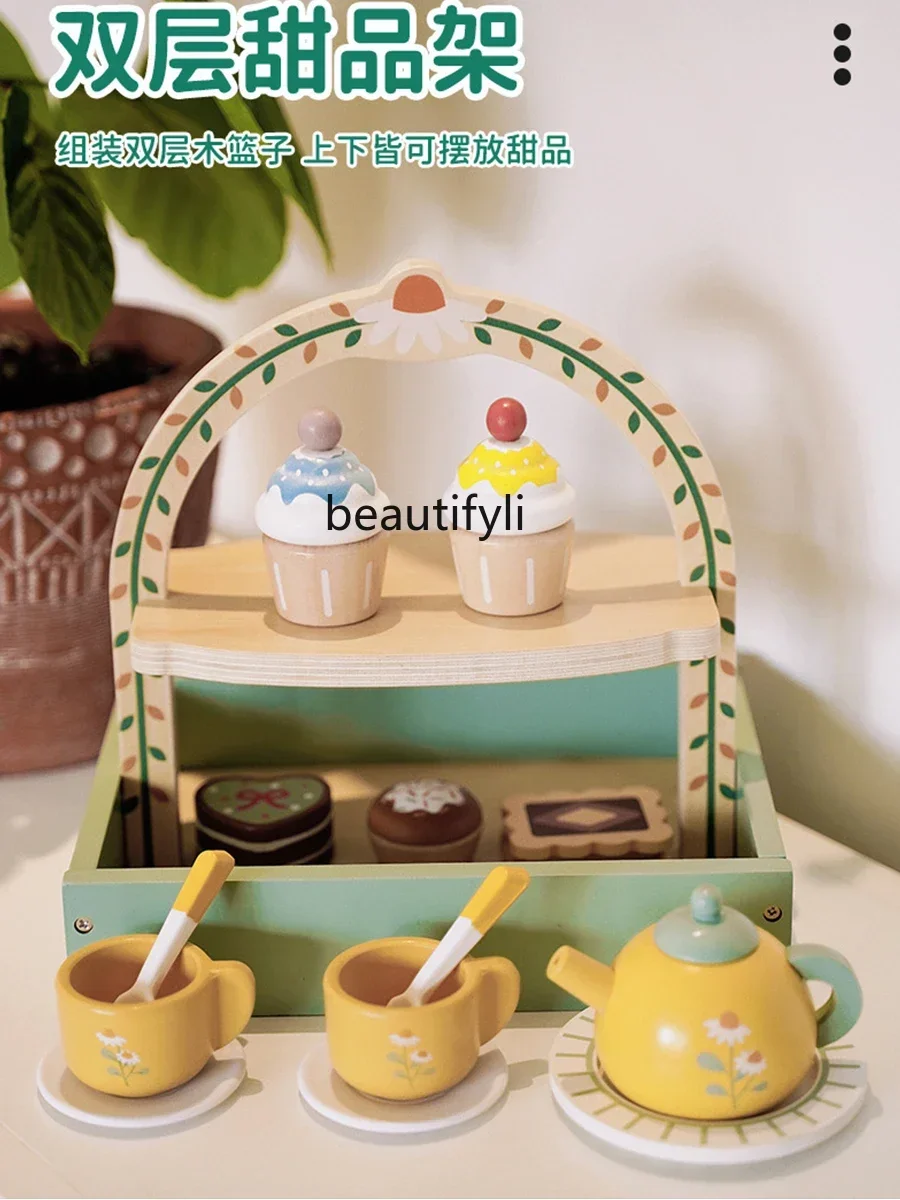 Kinderspeelhuis Theeservies Houten Afternoon Tea Dessert Dessertrek Simulatie Theepot Servies Set Speelgoed