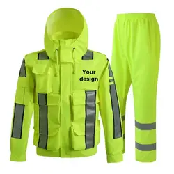 Reflective Raincoat Rain Pants Suit Traffic Sanitation Patrol Split Safety Waterproof Rain Gear Raincoat Customized Print Logo